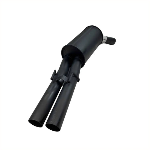 Back view of black dual exhaust muffler with cylindrical housing and two parallel pipes for holden commodore ute