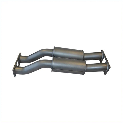 Black dual exhaust twin resonator assembly with cylindrical chambers and flanged ends for ram 1500 back side view