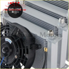 Gray aluminum universal 28 row 10AN oil cooler with black 7 inch electric fan and 12v 80w motor shown from the back