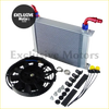 Silver aluminum universal 28 row 10an oil cooler with red and blue fittings and a 7 inch electric fan