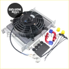 Silver aluminum universal 28 row oil cooler with black 7 inch electric fan and red blue fittings viewed from back side