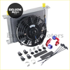Silver aluminum universal 28 row 10AN oil cooler with black 7 inch electric fan and red blue fittings