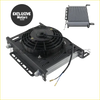 Black 7 inch electric fan mounted on metallic universal 30 row an10 oil cooler with wiring and brackets visible