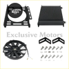 Black metal radiator with vertical fins and mounting brackets for universal 30 row an10 oil cooler with 7 inch fan