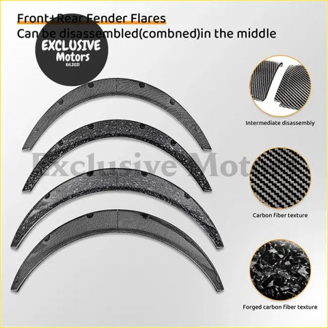 Black carbon fiber front and rear universal fender flares with textured woven pattern for cars and suvs