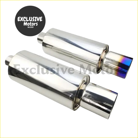 Shiny chrome universal stainless steel muffler tail pipe 76mm with rainbow finish on the tip visible from the back side