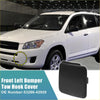 Black plastic unpainted front left bumper tow hook cover for white toyota rav4 2013-2018 shown from front