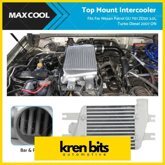Silver metallic top mount intercooler with ribbed surface and white plastic brackets for nissan patrol gu y61 zd30 3.0l turbo diesel