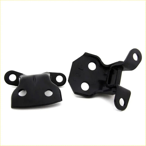Black metal upper lower door hinge brackets with circular holes for toyota hilux 1978-1983 shown from back side