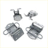 Gray metal upper and lower front door hinge brackets with circular mounting holes and looped handles for nissan datsun 720 king cab