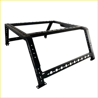 Black metal ute tub rack with reinforced steel frame and integrated led light bar shown from the back side