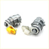 Gray metallic utility door lock cylinder with yellow and white plastic parts for toyota hilux 1988-1997 back side