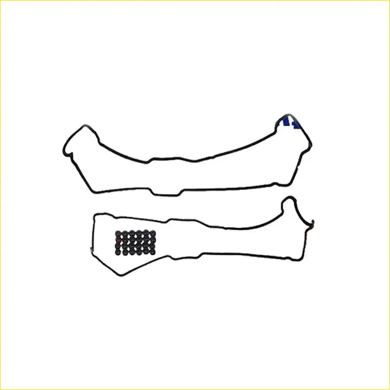 Black outline drawing of two bone-shaped head gasket kit pieces one with grid pattern and one with blue accents for toyota prado