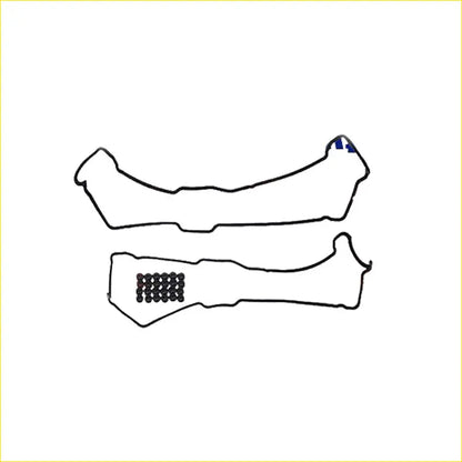 Black outline drawing of two bone-shaped head gasket kit pieces one with grid pattern and one with blue accents for toyota prado