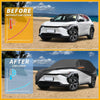 Black waterproof all weather car cover with orange trim protecting white toyota bZ4X suv from sun and heat