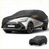 Black waterproof all weather car cover with orange stripes designed to snugly fit Toyota C-HR 2017-2023