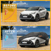 Black waterproof all weather car cover with orange zipper pull for toyota c-hr 2017-2023 shown from back side