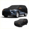 Black waterproof all weather car cover with orange reflective strips for toyota grand highlander 2024 back side view
