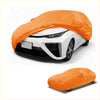 Bright orange waterproof all weather car cover fits snugly over toyota mirai 2016-2023 model