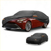 Black waterproof all weather car cover with orange trim for toyota mirai sedan 2016-2023 shown from back side