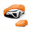 Bright orange waterproof all weather 210d-pu car cover fitting snugly over a white 2010-2023 toyota prius
