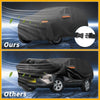Black waterproof all weather car cover for toyota rav4 (2019-2023) with orange stripes and adjustable strap buckles back side