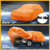 Bright orange waterproof all weather car cover for toyota rav4 with black adjustable straps and buckle shown from back