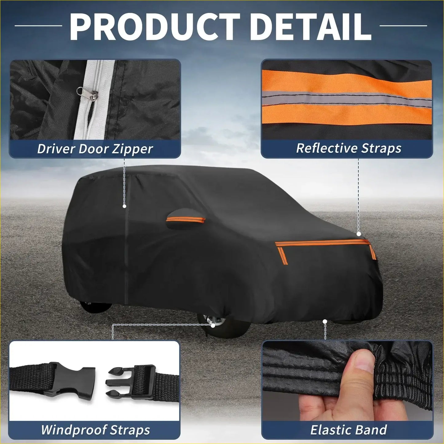Black waterproof aluminum film cotton car cover with orange zipper pulls and reflective stripes for toyota vitz 2005 2015