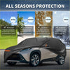 Black all-seasons waterproof spunlace cotton car cover for Toyota Aygo X with breathable uv protection shown from back side