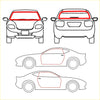 Red outlined car silhouette diagrams showing front rear and side views for toyota hilux weatherstrip set