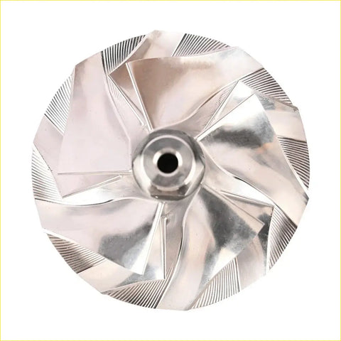 Shiny silver metallic turbine blade with central hub and radial fins for wicked wheel 2 gtp38 turbo ford f-250 super duty