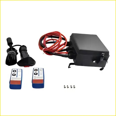 Black rectangular winch control box with red wiring and two blue and orange wireless remotes for 12v winch systems