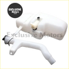 White plastic windshield washer fluid reservoir with hose and nozzle for Nissan Navara D22 1997-2005 shown from back side