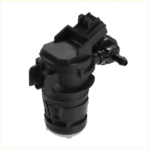 Black plastic windshield washer motor pump with electrical connector and threaded hose fittings for toyota rav4 2004-2014 back side