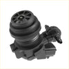 Black plastic windshield washer motor pump with circular cap and two nozzles for Toyota RAV4 2013-2018 back side view