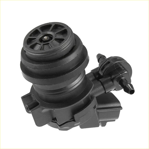 Black plastic windshield washer motor pump with circular cap and two nozzles for Toyota RAV4 2013-2018 back side view
