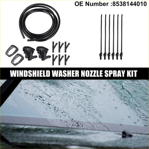 Black plastic windshield washer nozzle set with hoses for Toyota Avalon 2013-2018 shown from the back side
