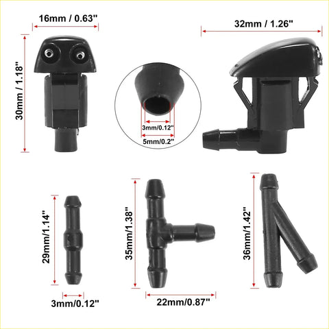 Black plastic windshield washer nozzles kit with adapter set in various sizes for Toyota Sienna Solara Tacoma models