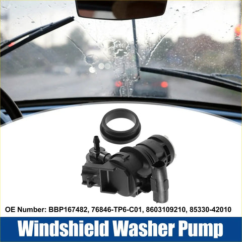 Black plastic windshield washer pump with matching black rubber seal for Toyota Highlander 2014-2016 shown on white background