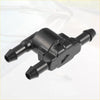 Black plastic windshield washer fluid reservoir connector with three threaded ports for Toyota 4Runner back side