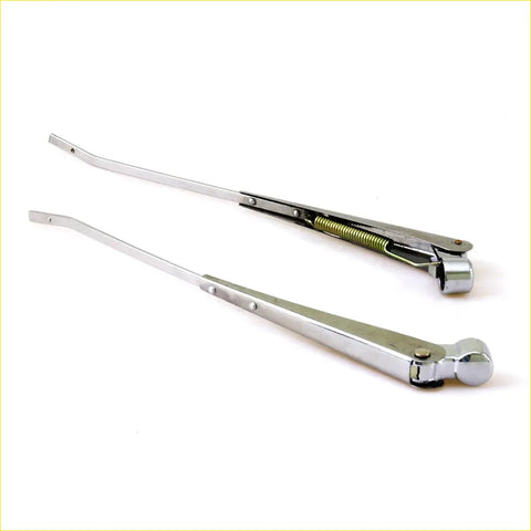 Shiny chrome finished wiper arms for Nissan Datsun 520 521 ute 1965-1972 showing back with springs and pivots