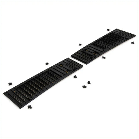 Black plastic modular rail system components with slots and fasteners for wiper cowl grille nissan navara d21 back side